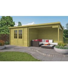 Blokhut - Tuinhuis Freddy Met Overkapping. Groen. Afmeting  B280+298xD250CM